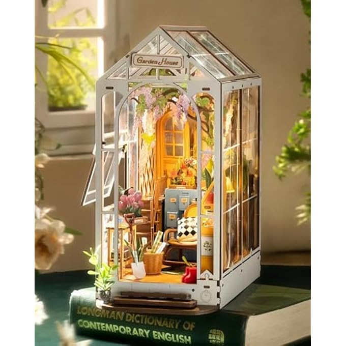 BOOK NOOK KITS FOR ADULTS DIY MINIATURE KIT WITH LIGHT FOR DESK LIBRARY BOOKSHELF DECORATION 3D WOODEN PUZZLE GREENHOUSE BOOKNOOK MODEL KITS FOR ADULTS TO BUILD GIFTS FOR WOMEN - Image 1